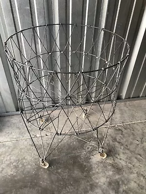 Vintage Collapsible Folding Wire Basket Laundry Rolling Cart  Mid Century Hamper • $175