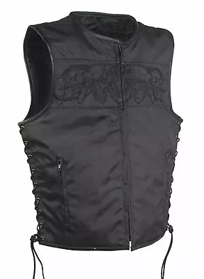 MENS MOTORCYCLE TEXTILE CANVAS VEST W/ REFLECTIVE SKULLS & GUN POCKETS - DC74 • $60