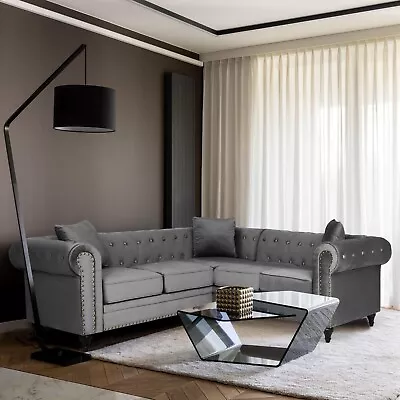 Chesterfield Corner Sofa Luxurious Home Velvet Foam Black Grey | 4-Seater • £897