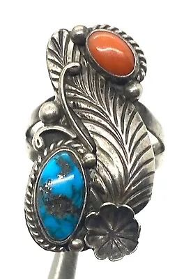 Old Pawn Native American Coral Turquoise Thomas Sterling Silver Ring Size 8 • $62