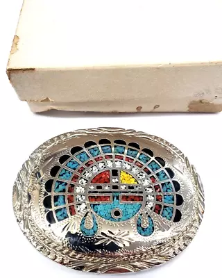 SSI Siver-Tone Micro-Mosaic Turquoise & Coral & Gemstone Inlay Belt Buckle • $19.95