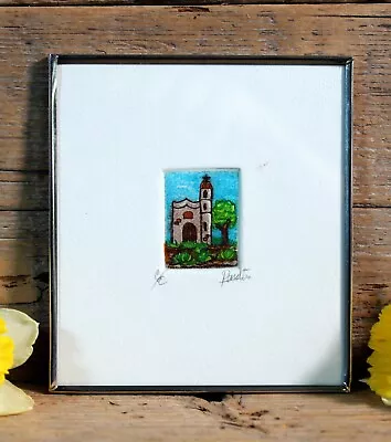 Adobe Church Landscape Hand Tinted Etching Color Print Handmade Mexican Folk Art • $34