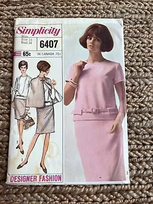 1960's Vintage Simplicity Sewing Pattern 6407  Dress & Rev Cape Designer Fashion • $2