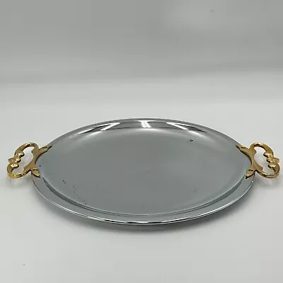 Vintage Kromex Chrome Metal Serving Tray Platter Round With Brass Handles 13.5  • $18.95