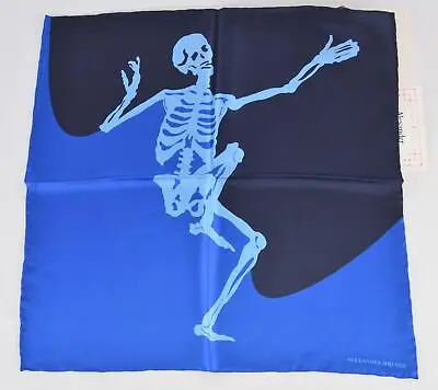 New Alexander McQueen 521498 Blue Black DANCING SKELETON Silk Handkerchief Scarf • $181.31