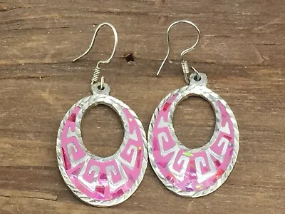 Vintage MEXICO Sterling Silver 925 Pink Enamel Abalone Shell Dangle Earrings • $19.99