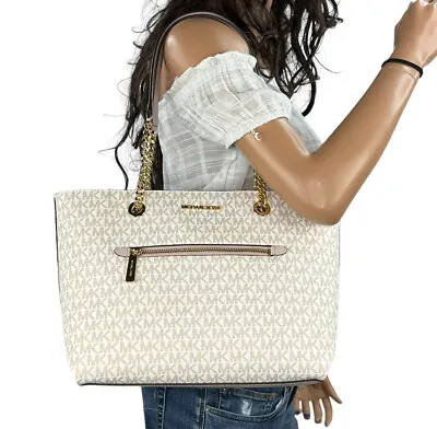 Michael Kors Jet Set Item M Chain Tote Shoulder Bag Mk Rose Gold Signature White • $159