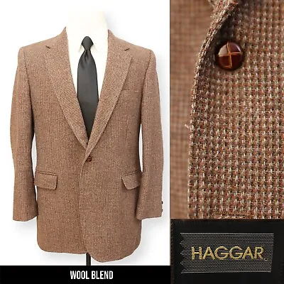 VINTAGE TWEED HAGGAR Mens Brown Tan Sport Coat Suit Jacket Blazer 44 L • $44.99