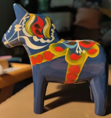 Vintage Nusnas Mora Sweden 5  Blue Wooden Dala Horse Akta Dalahemslojd W Label • $60