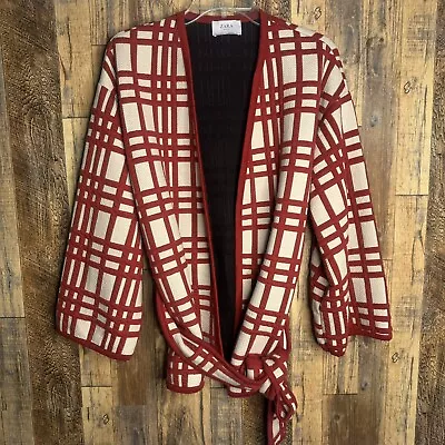 Zara Plaid Open Front Oversized Kimono Jacket Red Cream Women Size Small • $25