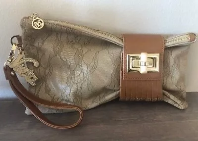 Vieta Faux Leather Tan And Brown Gold Tone Clutch With Removable Strap • $19.99