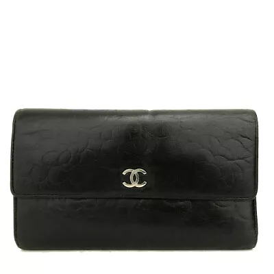 CHANEL Camellia CC Logo Black Leather Long Trifold Wallet/5X0292 • £2.61