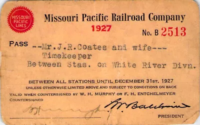 Time Keeper 1927 Missouri Pacific White River Railroad Ry Railway Rr Pass • $12