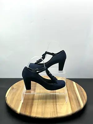 I'S London Women T-Bar Mary Jane Shoes 5 Suede Navy Cone Heel Almond Toe Buckle • £29.99