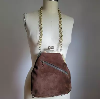 VTG 60'S MOD BROWN GENUINE SUEDE POUCH BAG W/ GOLD CHAIN STRAP • $49