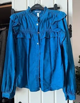 S Oliver Blue Denim Shirt / Blouse Frills Wide Sleeves UK Size 16 / 42  • $12.43