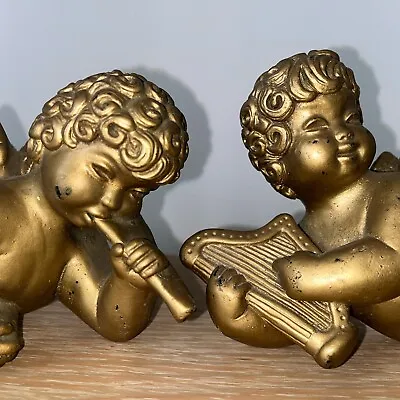 Vtg Gold Angels Cherubs MCM 1958 Universal Statuary Wall Decoration Set Of 2 • $34.99