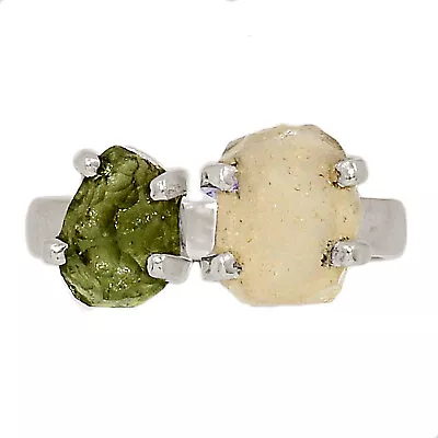 Natural Libyan Desert Glass & Moldavite 925 Silver Ring Jewelry S.10 ALLR-25016 • $29.99