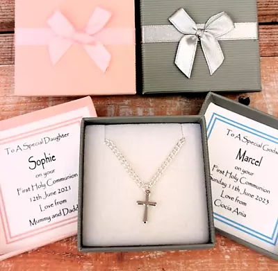 Personalised First Holy Communion Gift Boy Girl Cross Necklace Keepsake Silver • £5.99