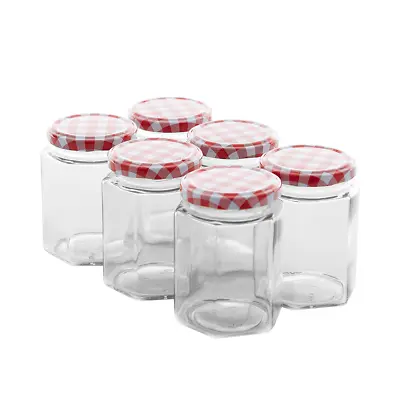 £7.95 • Buy New Jam Jars 250ml Wide Mouth Glass Preserve Pots Gingham Red Lids Modern Zeno