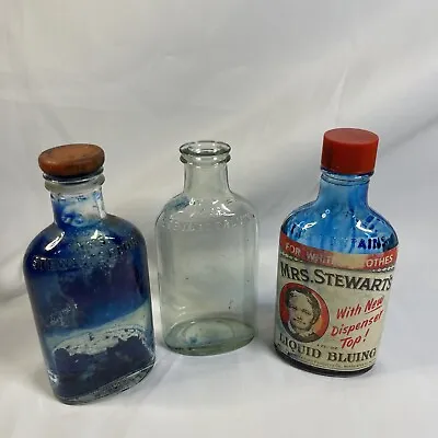 Mrs. Stewarts Liquid Bluing 4 Oz Embossed Lot Of 3: Duraglas Bottles • $28.95