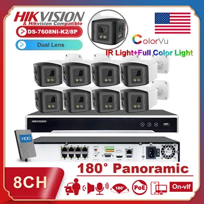 Hikvision 8CH NVR Dual Lens Panoramic 4MP IR ColorVu IP Camera System Audio Lot • $468.35