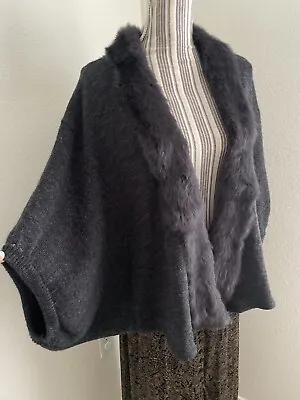 Cripple Creek Rabbit Fur Trim Open Front Cardigan Sweater Shawl Gray Women XL • $34.99