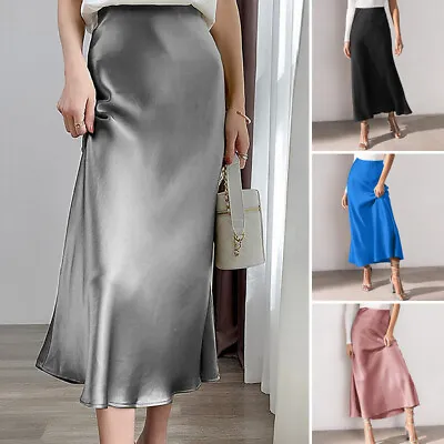 UK Womens Satin Silky High Waist Mid Skirts OL Office Formal Ladies Skirt 8-24 • £13.29