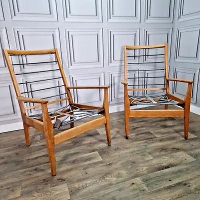 Pair X2 Vintage Mid Century Cintique Fireside Lounge High Back Chairs Frames MCM • £289.99