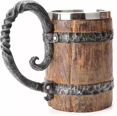 Vintage Faux Oak Wood Barrel Beer Mug Medieval Retro Viking Stainless Steel ... • $32.99