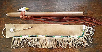 Quality Signed Native American Style Carved Eagle Flute & Beaded Fringe Bag • $299