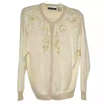 DANA SCOTT Vintage Sequin Beaded Cardigan Sweater Cream Ivory Womens Medium • $40