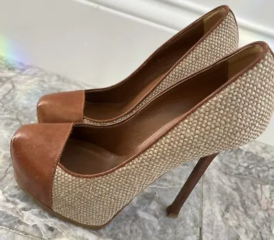 YSL Brown Leather And Tweed  Tribute Stiletto Pumps Sz 37 ITALY • £86.77