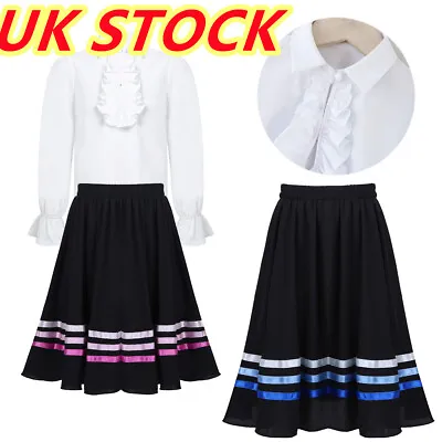 UK Kids Medieval Pirate Gothic Ruffled Shirt / Ribbon Swing Skirt Casaul Dance • £18.02