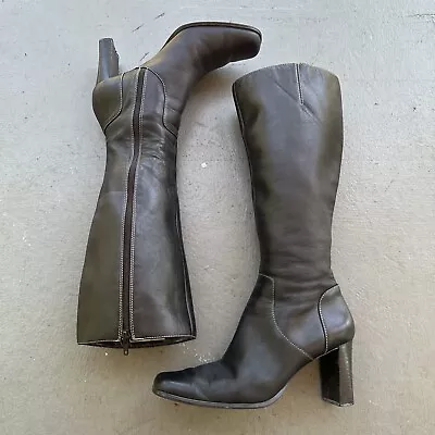 Vintage 90s Anne Klein Knee High Square Toe Block Heel Leather Boots Black 8.5 • $84