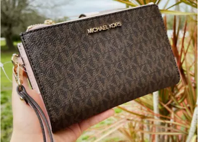 Fashion Michael Kors Wallet Wamen Double Zip Phone Wristlet Brown Powder Blush • $38.99