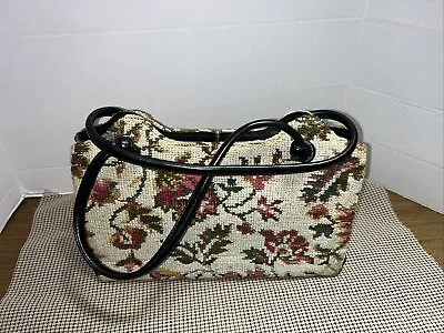 Vintage Tapestry  Needlepoint Floral Large Handbag Pocketbook Vinyl Straps • $30