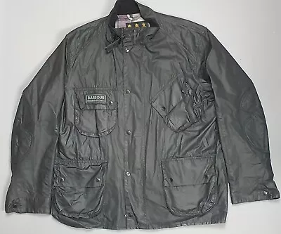 Barbour Antique International Black Waxed Cotton Motorcycle Jacket XL Belted • $149.20