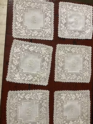 Vintage Monogram Cocktail Napkins Fillet Lace Set Of 6 • $49.95