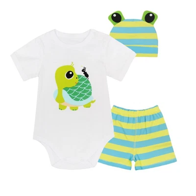 3pcs Animal Print Baby Infant Rompers Kids Boy Girl Ear Hat Shorts Clothes Set • £6.19