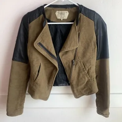 Zara Trafaluc Light Brown & Black Faux Leather Moto Jacket Size Small • $25