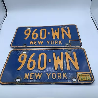 Vintage 1973 Blue New York State License Plates Set 960-wm Stickered Pair • $26.09