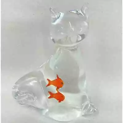 $7 • Buy Cat Figurine With Two Orange Goldfish Inside Clear Art Glass 
