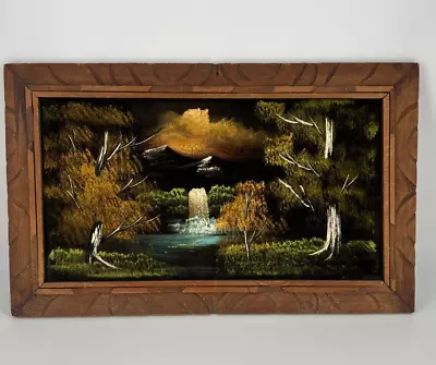 Landscape Black Velvet Painting Autumn Fall Trees Waterfall Mountain MCM 1970 • $34