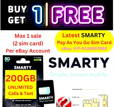 Smarty UK Sim Card UNLIMITED DATA GB INTERNET Calling Mins/texts WiFi Dongle • £0.99
