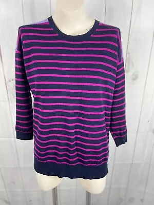 J.Crew Navy Fuchsia Blue Stripe Color Block Merino Wool 3/4 Sleeve Sweater - L • $28.50