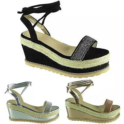 £10.39 • Buy Womens Ladies Platform Wedge Diamante Ankle Lace Tie Up Espadrille Wedge Sandals