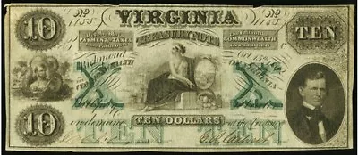 Virginia Treasury Note  $ 10  Oct. 15 1862    Vf/vf+ • $115