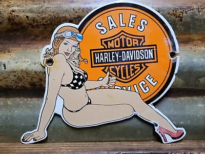 Harley Davidson Vintage Porcelain Sign Gas Motorcycle Dealer Sales Service Girl • $167.29