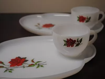 1950 S VTG Federal Glass 4 Pc. Opal Milk Glass Rosecrest Snack Set For 2 • $18